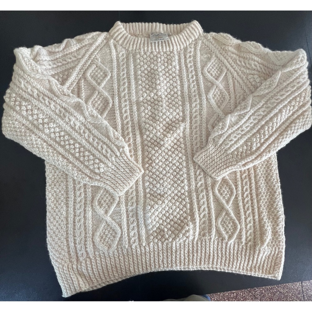 Donegal Collection by Magee Aran Handknit Wool Sweater Mens XL Cream Irish Cable